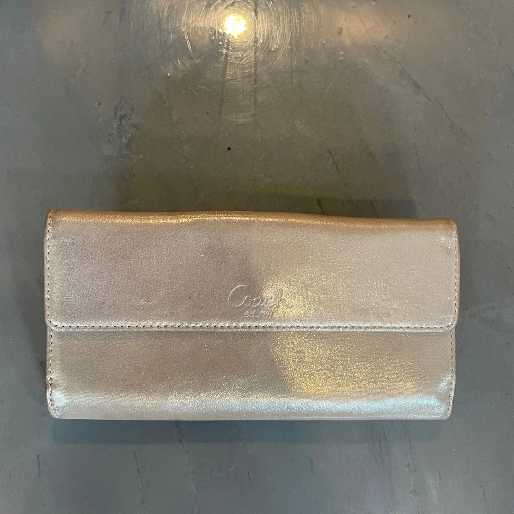 Coach Metallic Champagne Gold Leather Slim Envelope Turnlock Wallet Pink FLAW